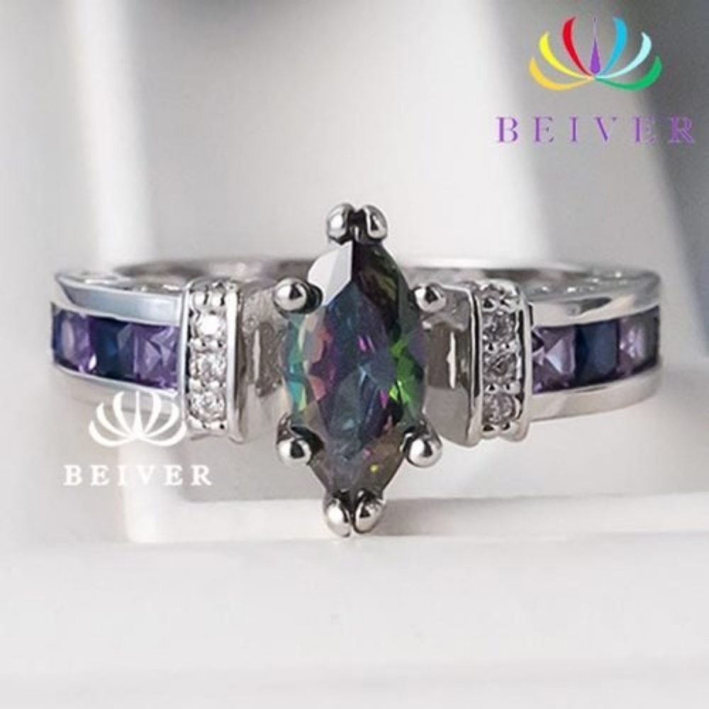 Rainbow‎ CZ Marquise Purple Zircon Silver Tone Ring